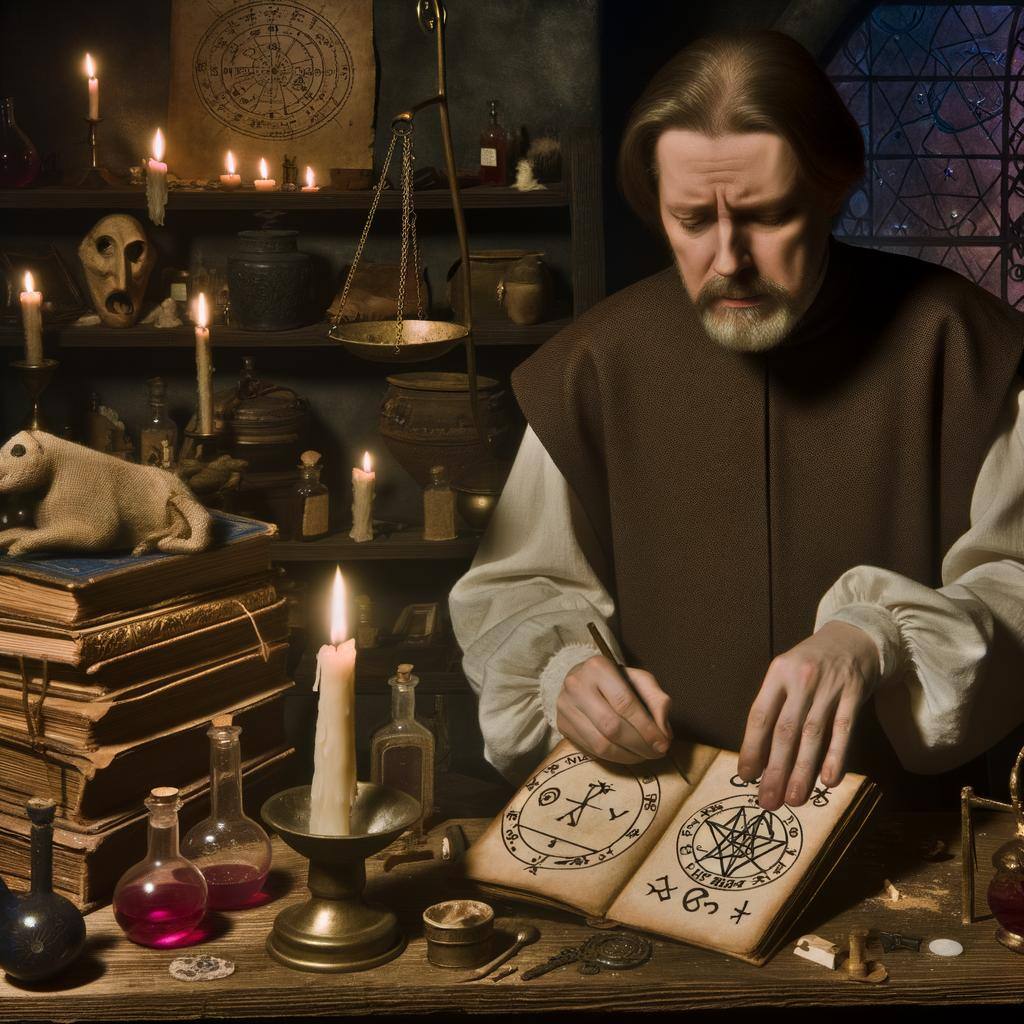 A Renaissance alchemist preparing a love talisman, inscribing it with astrological symbols and alchemical signs-1