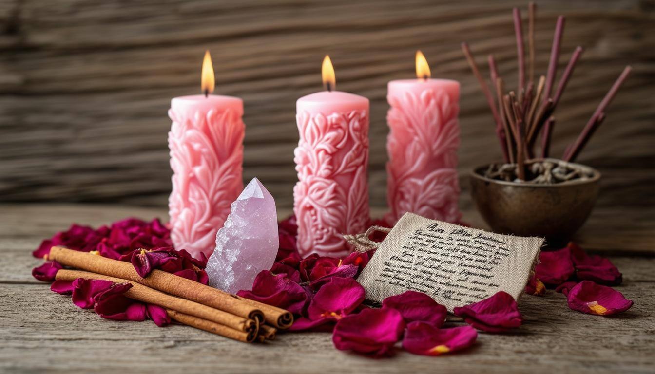 A beautifully arranged love spell kit sits on a rustic wooden table, exuding an air of magic and intention