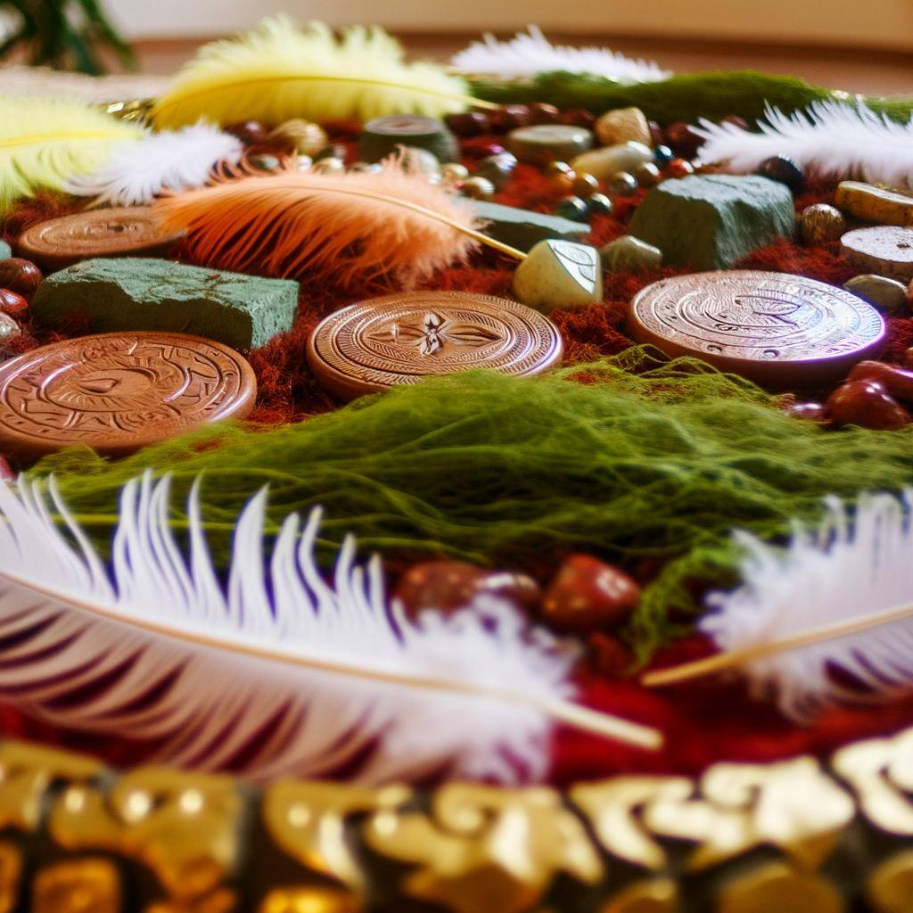 A blend of Indigenous and African elements in a love altar, featuring talismans, feathers, and sacred plants