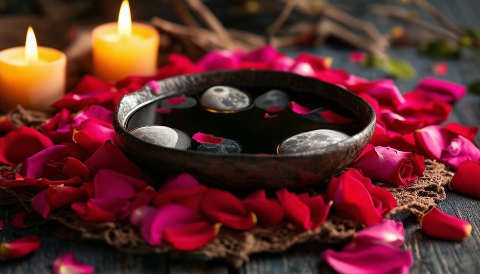 The image features a serene love spell altar, centered around a polished singing bowl adorned with delicate rose petals. A soft pink candle flickers gently beside it, casting a warm, inviting glow. Surrounding the bowl are small, sparkling crystals of rose quartz, their gentle pink hues complementing the petals. 