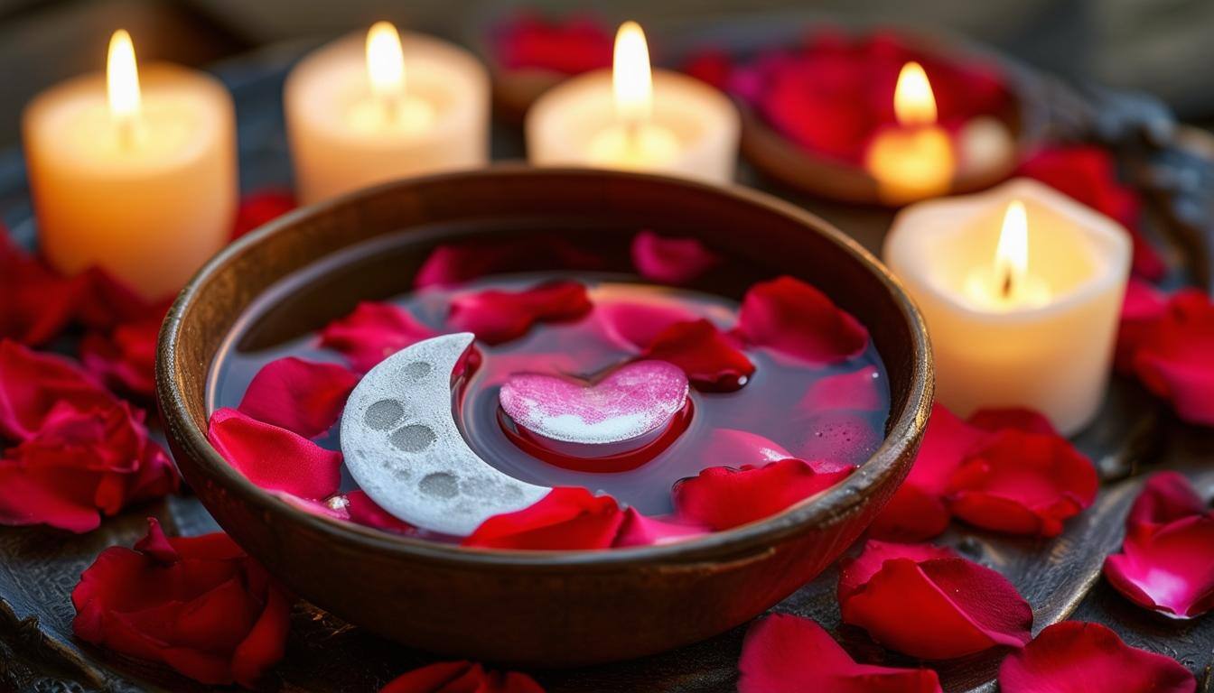 A bowl of sacred moon water surrounded by rose petals and candles, ready for a love spell ritual