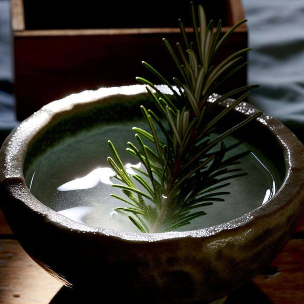 A bowl of saltwater with a rosemary sprig, used for a cleansing ritual to banish bad energy from a living space