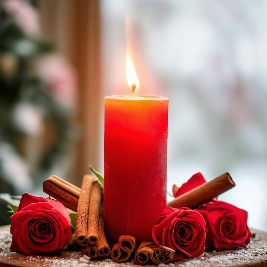 A burning red candle surrounded by cinnamon sticks and roses, representing a spell to reignite passion and desire in a relationship