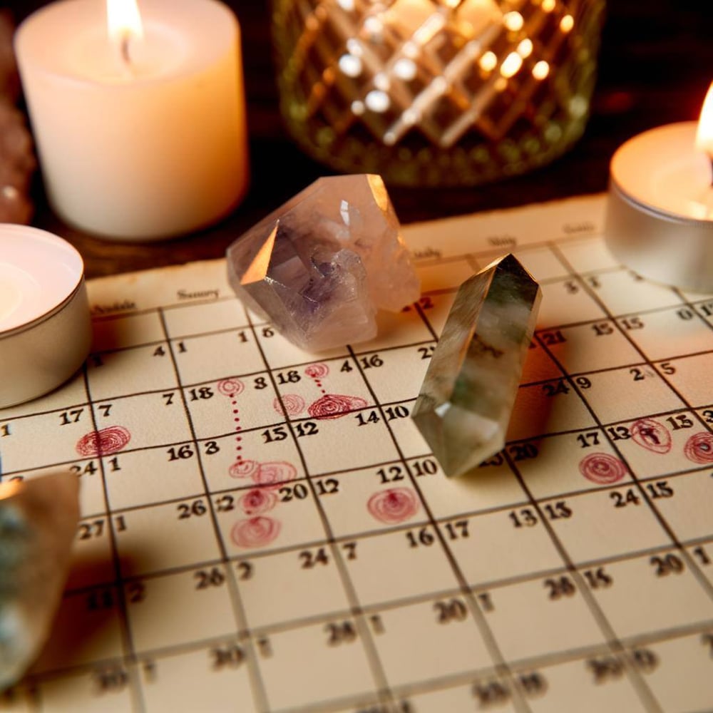 A closeup of a calendar with key dates highlighted for performing love spells, alongside crystals and candles