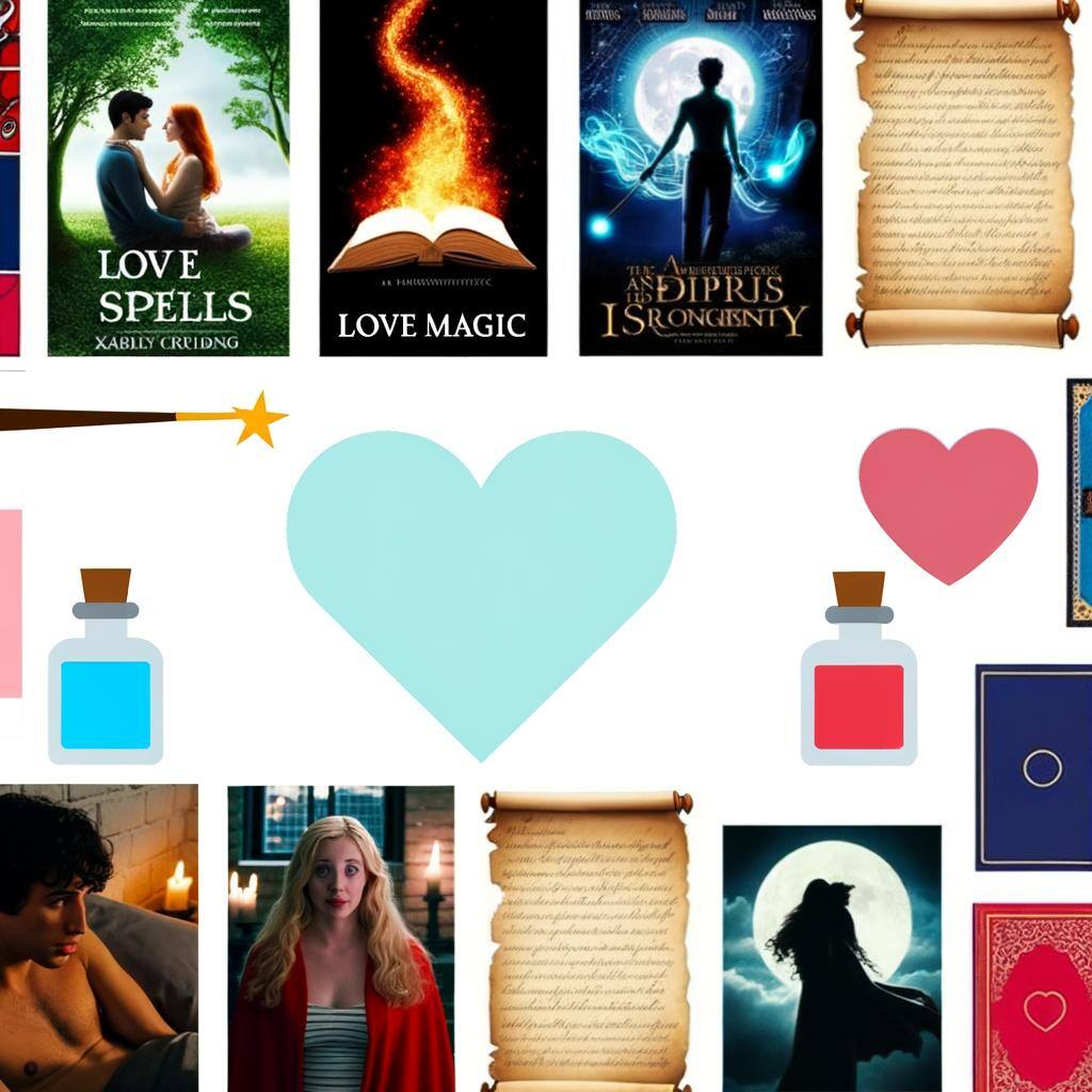 A collage featuring popular movie posters and book covers that highlight love spells, such as Practical Magic and Harry Potter, showcasing the inf