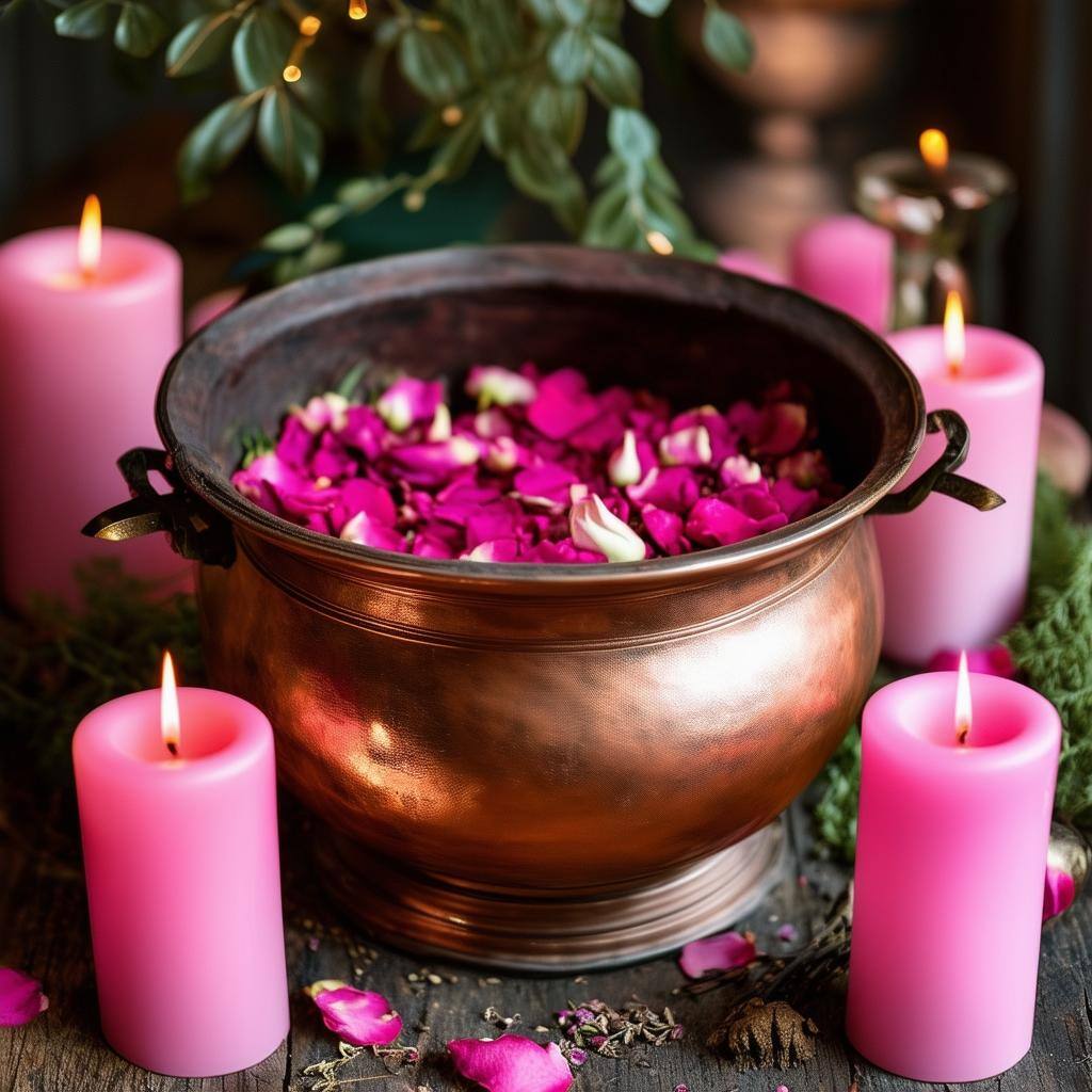 A copper cauldron filled with rose petals and herbs, surrounded by pink candles on a love spell altar