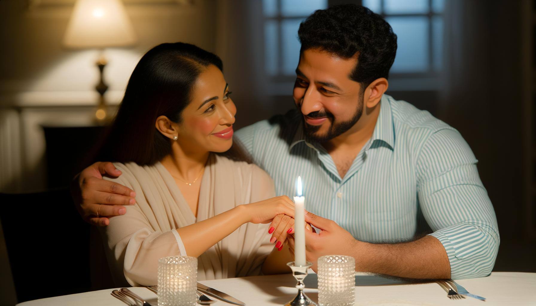 A couple sitting by a candlelit table, holding hands and looking into each others eyes with love and affection-1
