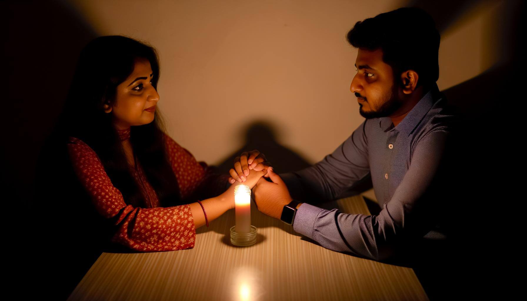 A couple sitting by a candlelit table, holding hands and looking into each others eyes with love and affection