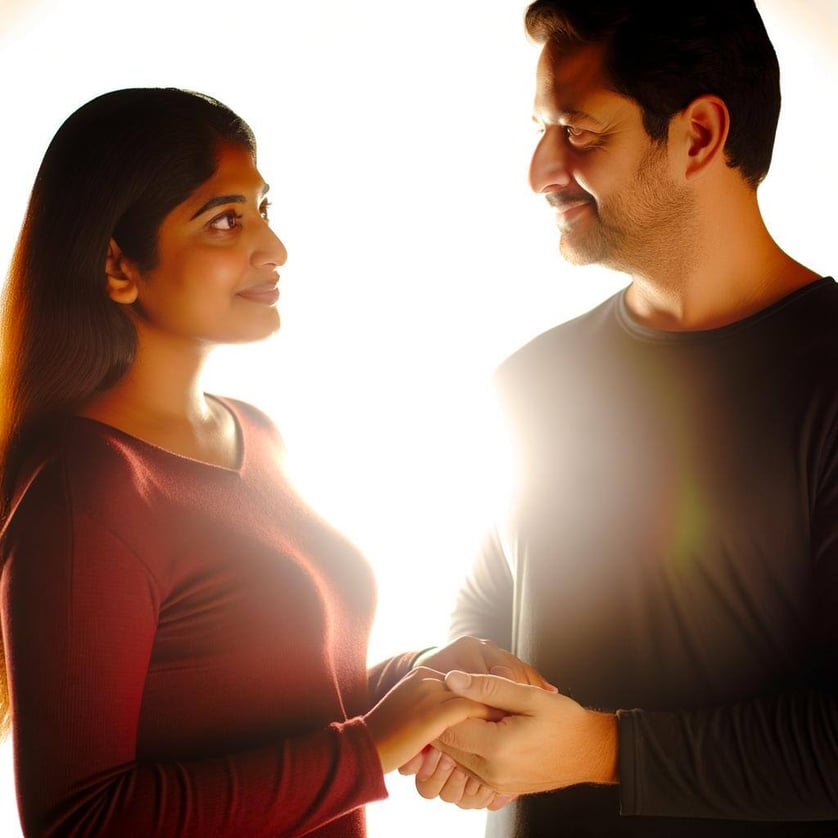 A couple standing together, surrounded by a glowing light, holding hands and smiling at each other lovingly