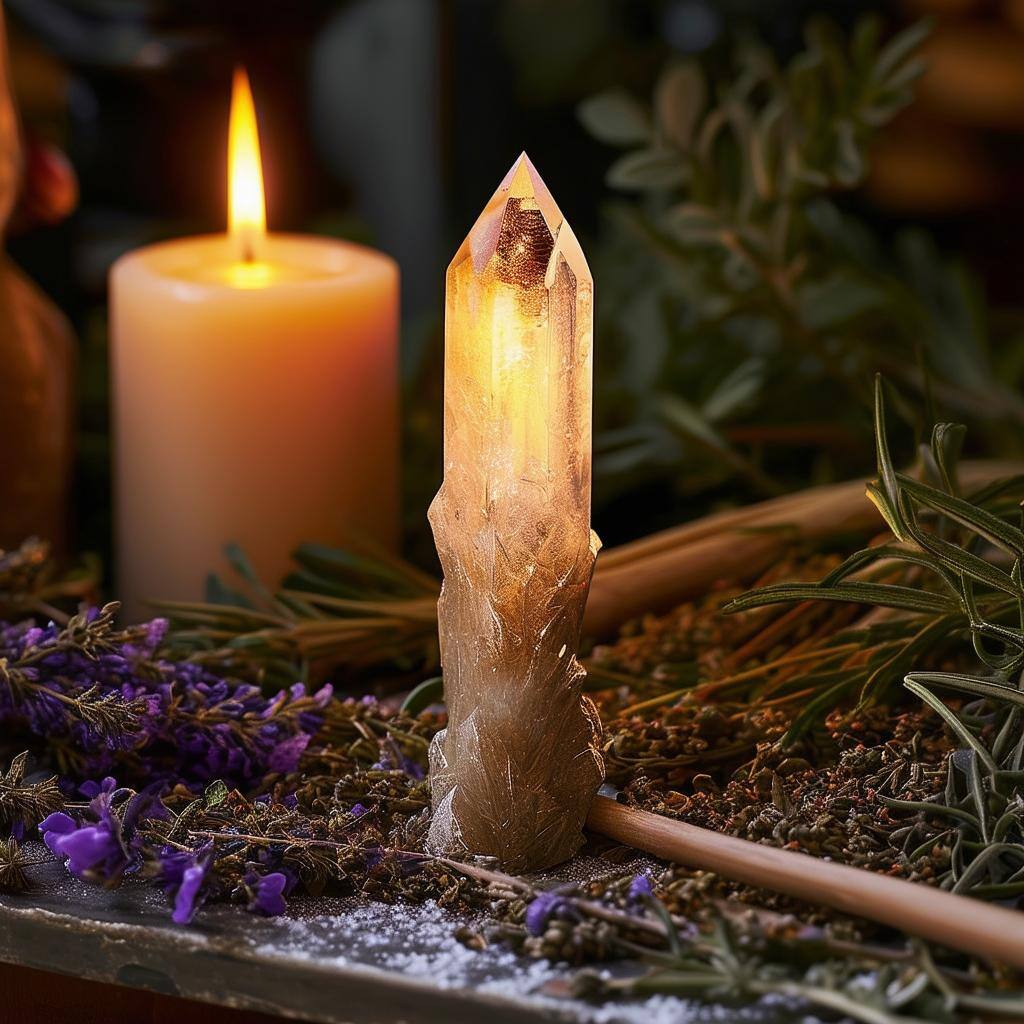 A crystaltipped wand glowing under candlelight, surrounded by herbs and candles