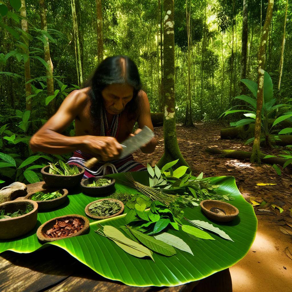 A curandero in the Amazon rainforest performing a love spell with herbs and plant medicines