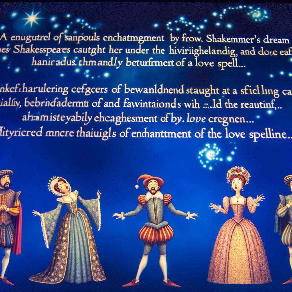 A dramatic scene from A Midsummer Night’s Dream, showing characters under the influence of a love spell, highlighting the theme of enchantment in Shak