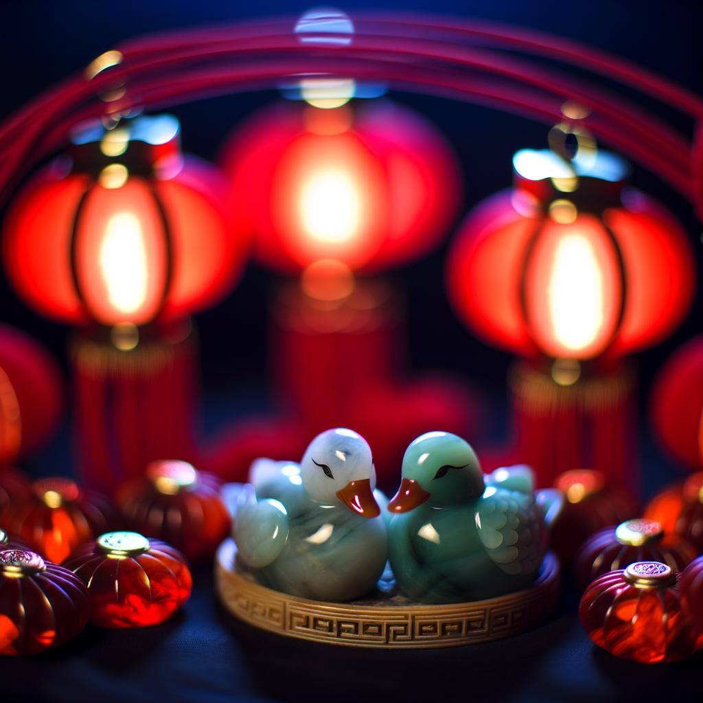 A feng shui arrangement featuring love symbols like mandarin ducks and red lanterns, used to attract romance