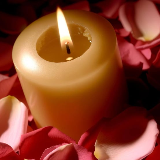 A glowing candle surrounded by rose petals, symbolizing a love spell ritual-1