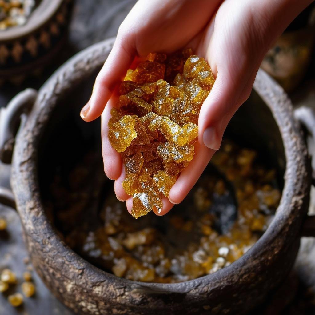 A hand holding frankincense resin above a cauldron, ready for a love spell ritual