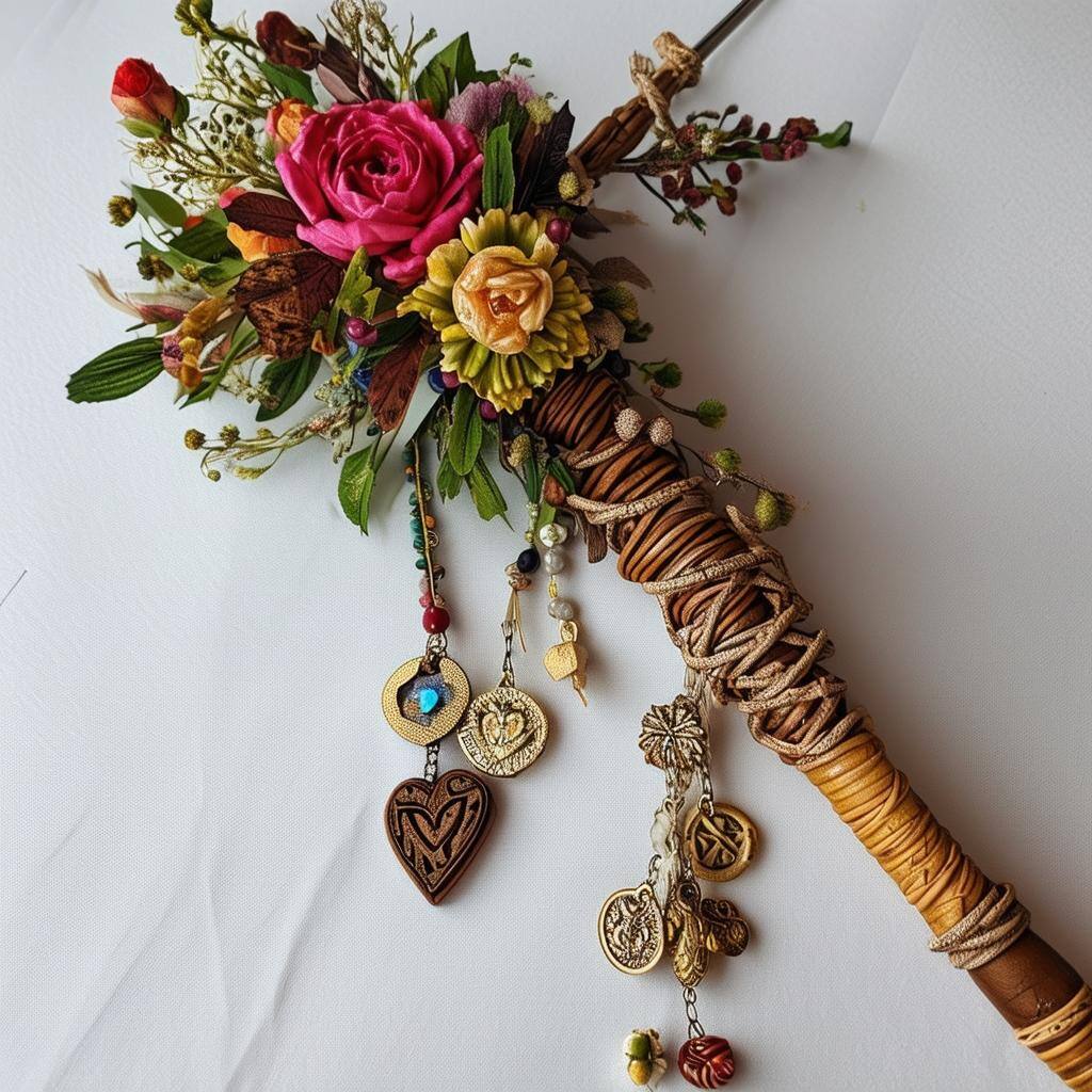 A handcrafted staff decorated with charms and flowers for a love ritual