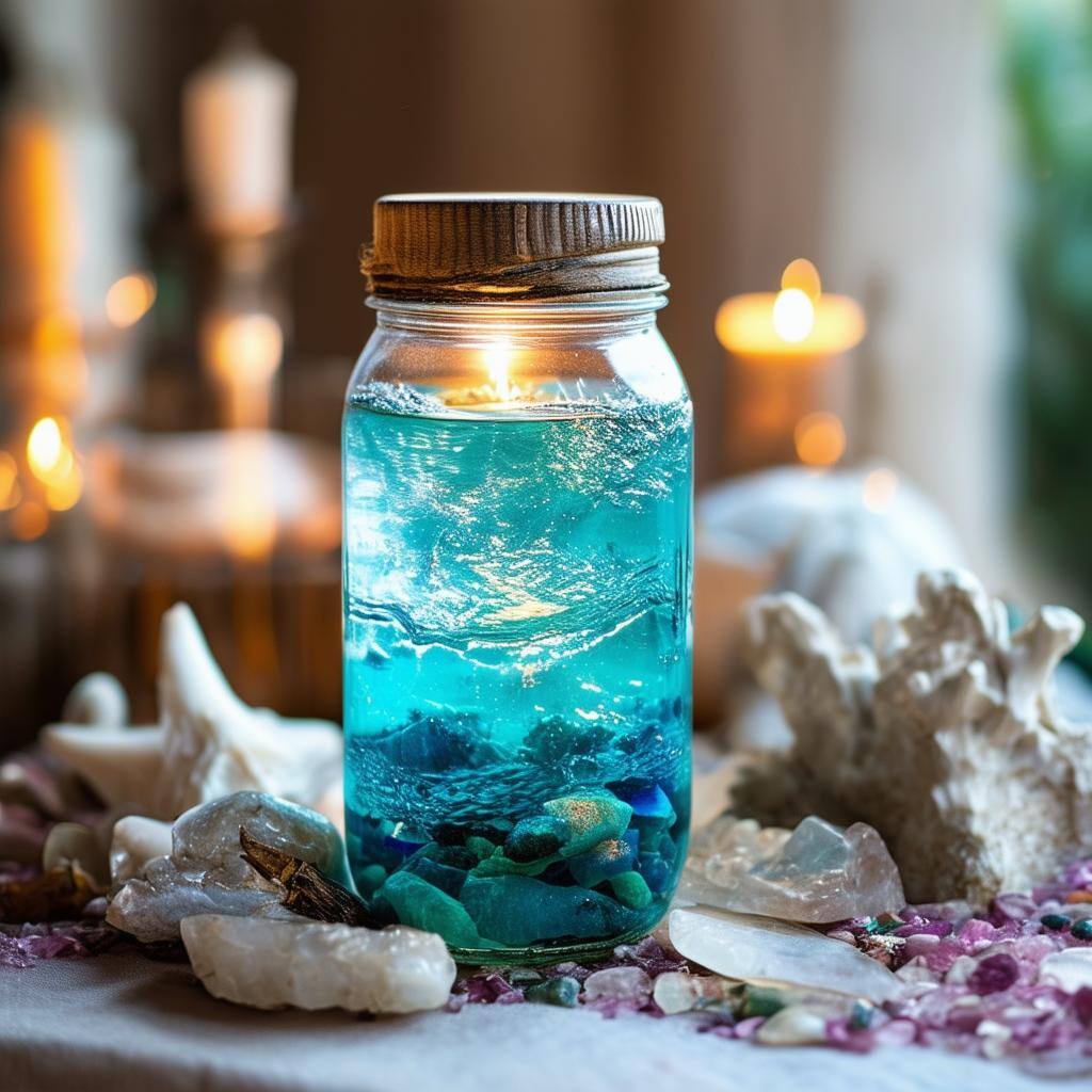 A jar of collected ocean water on an altar, symbolizing passion and emotional depth in love spells