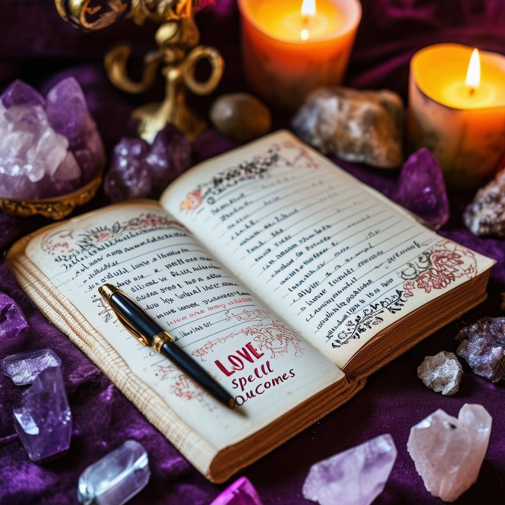 A journal with notes on love spell outcomes, surrounded by candles, crystals, and a pen