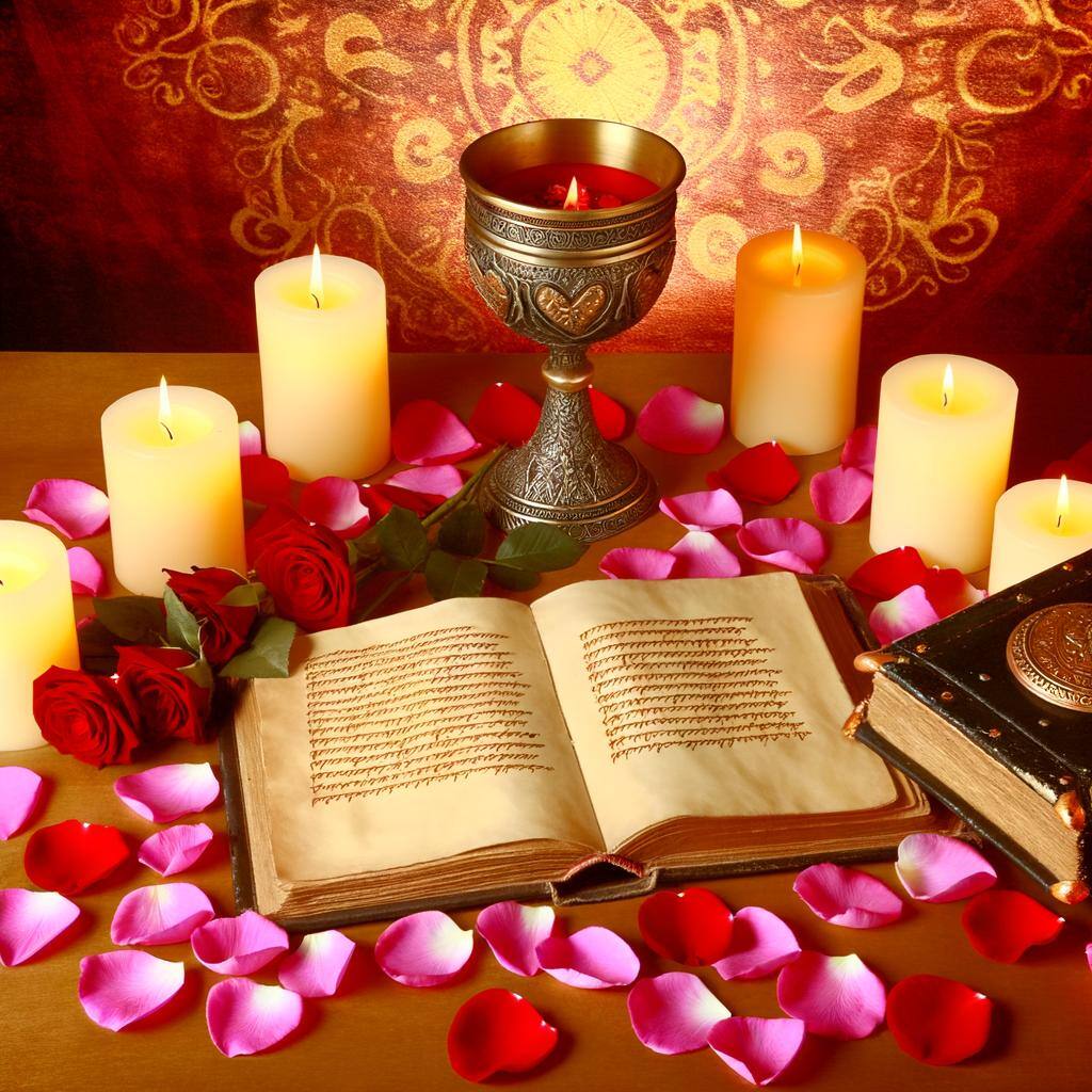 A detailed setup for recasting a love spell, featuring crystals, herbs, candles, and a journal for realigning intentions.