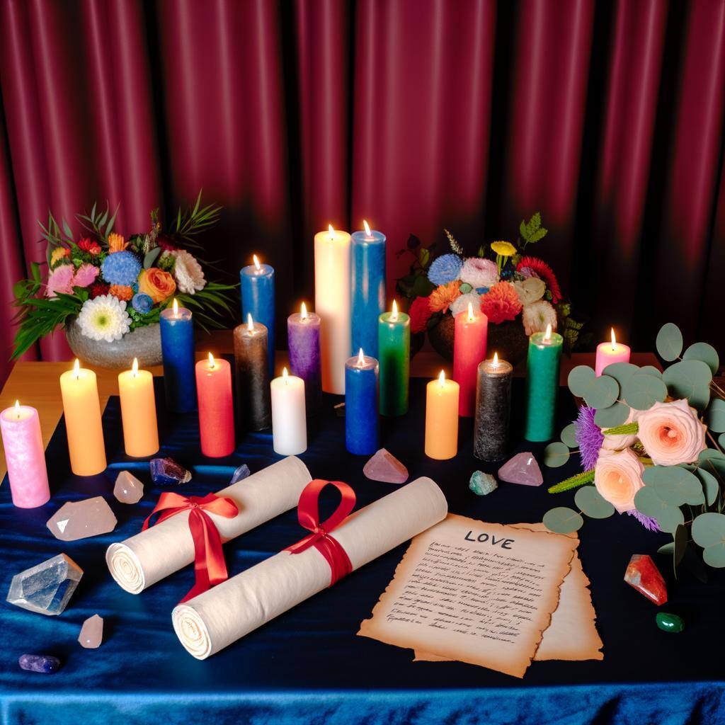 A modern altar setup for performing an eternal love spell with candles, flowers, and crystals