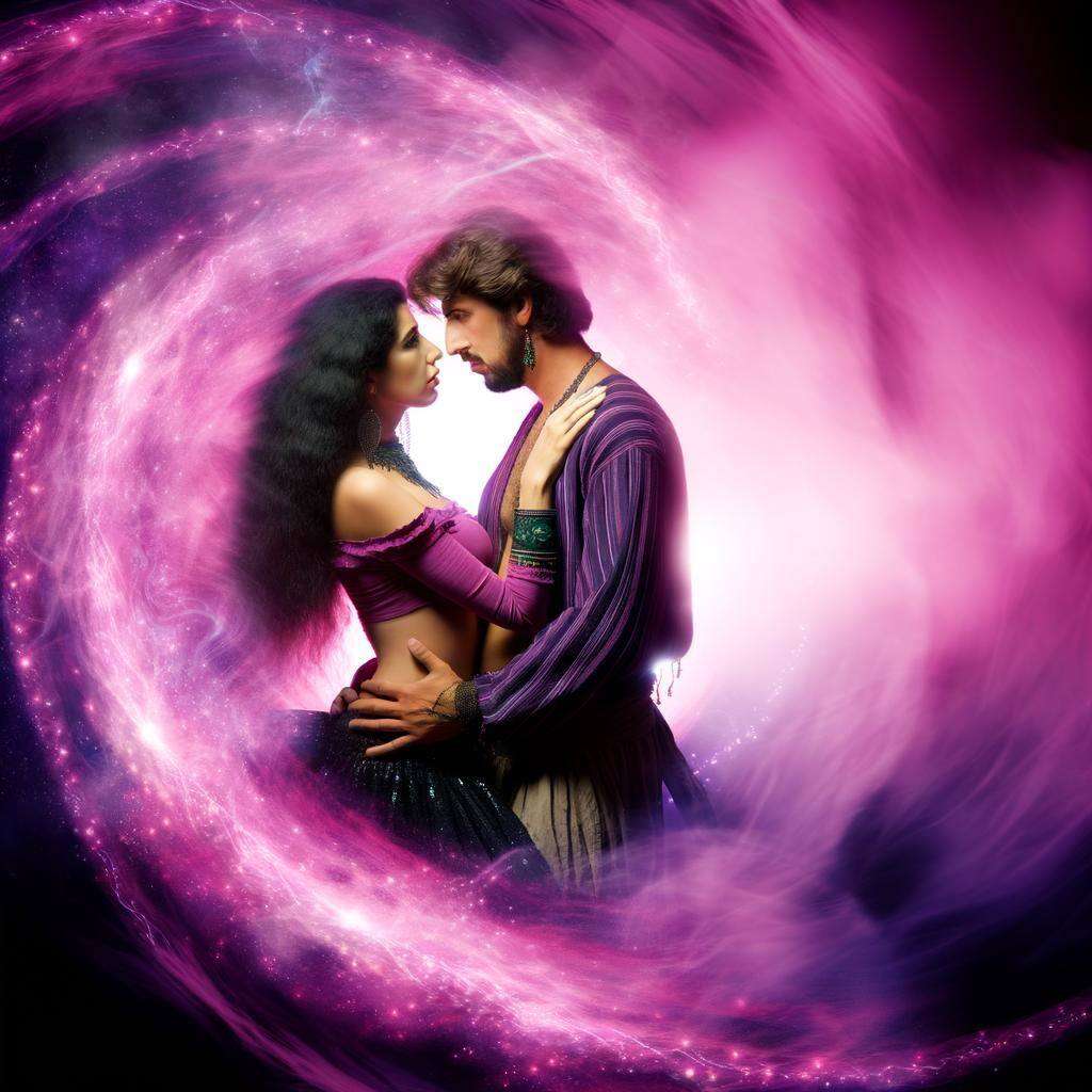 A mysterious, swirling vortex of pink and purple light enveloping two figures locked in a passionate embrace