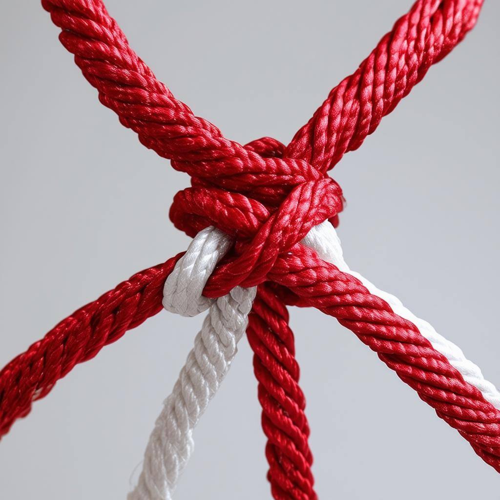 A pair of intertwined red and white cords tied in a knot, symbolizing a binding love spell to secure a lasting relationship