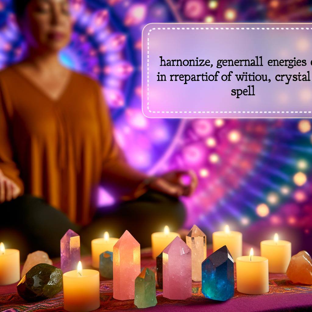 A peaceful setting with candles and crystals, where a person is meditating to align their energy for a love spell-1