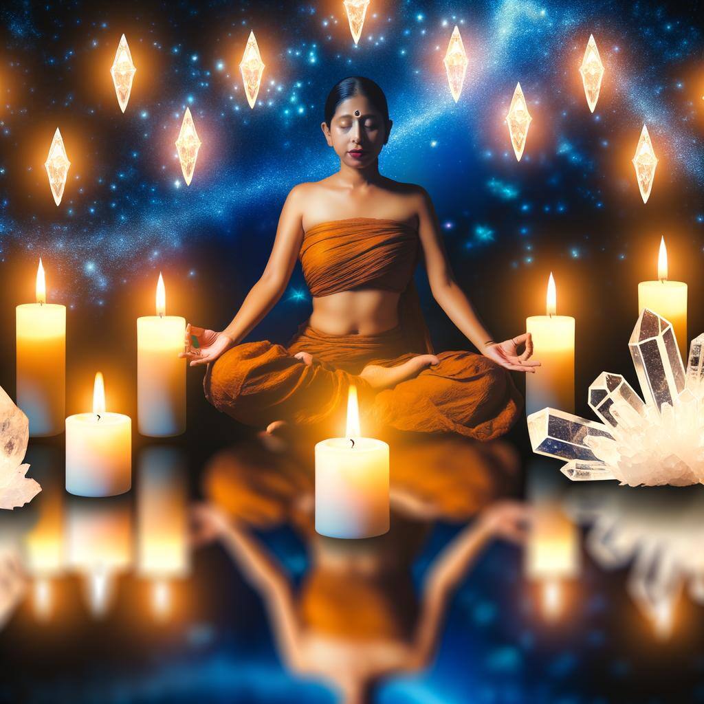 A peaceful setting with candles and crystals, where a person is meditating to align their energy for a love spell