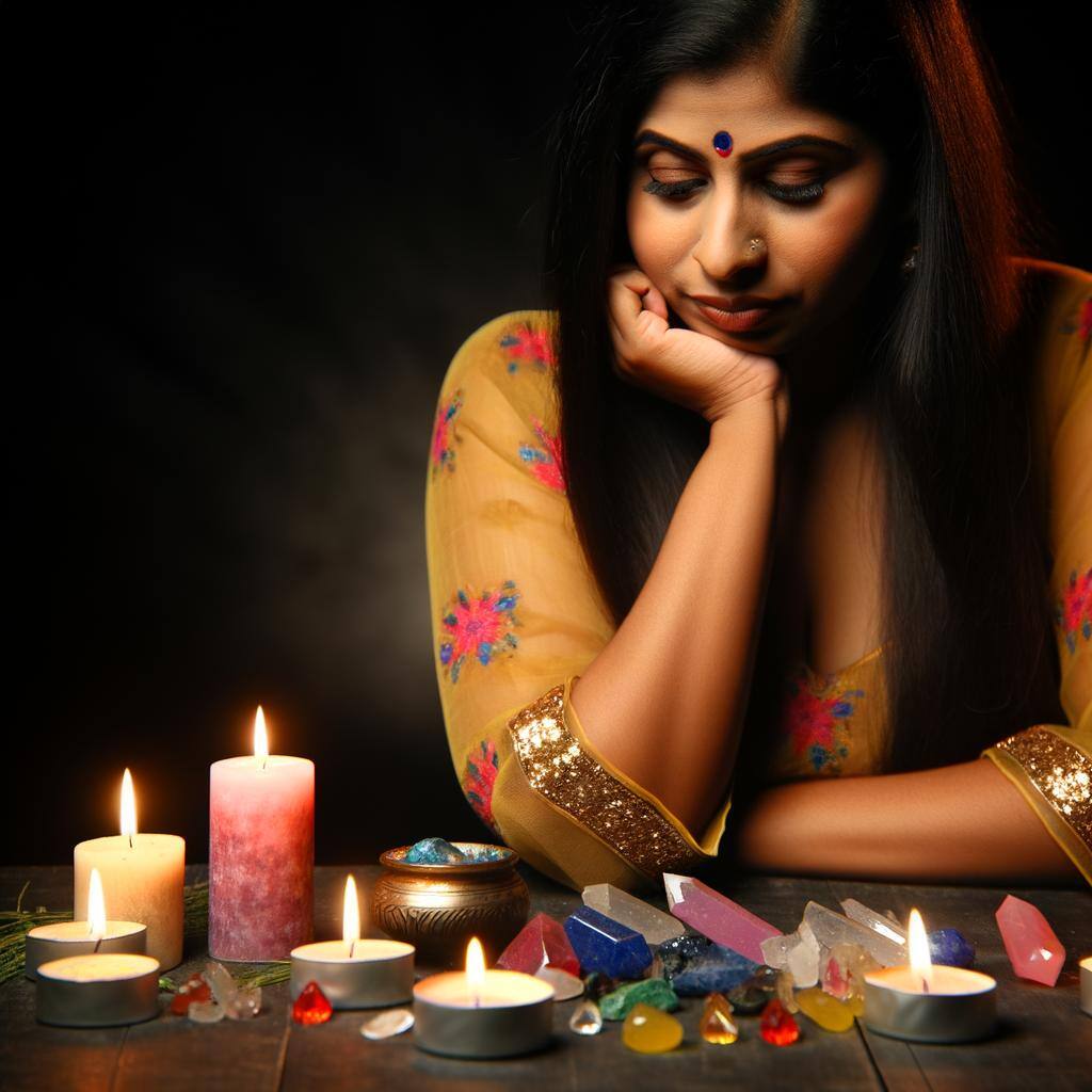 A person contemplating a failed love spell, surrounded by candles, crystals, and spell ingredients on an altar