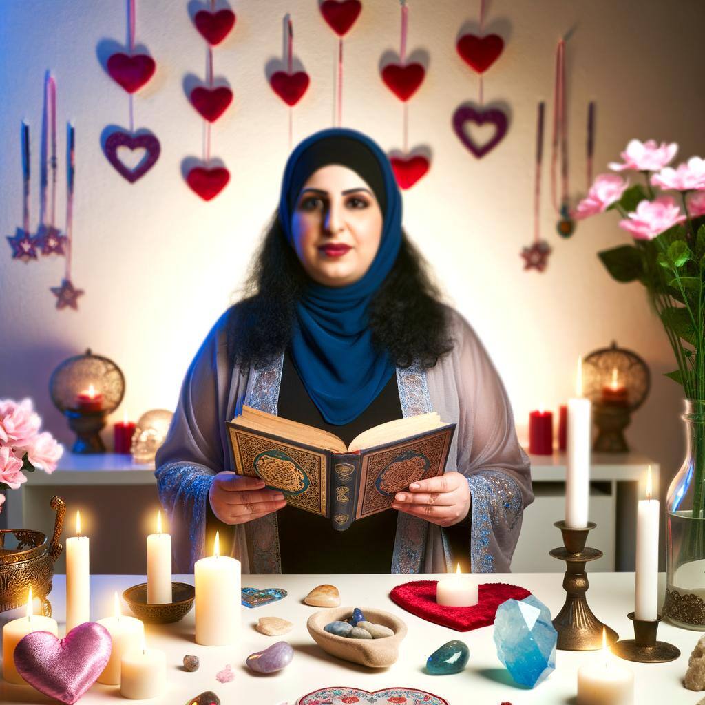 A person in a serene, candlelit room, holding a love spell book open, surrounded by symbols of love and spiritual artifacts, creating a focused and me