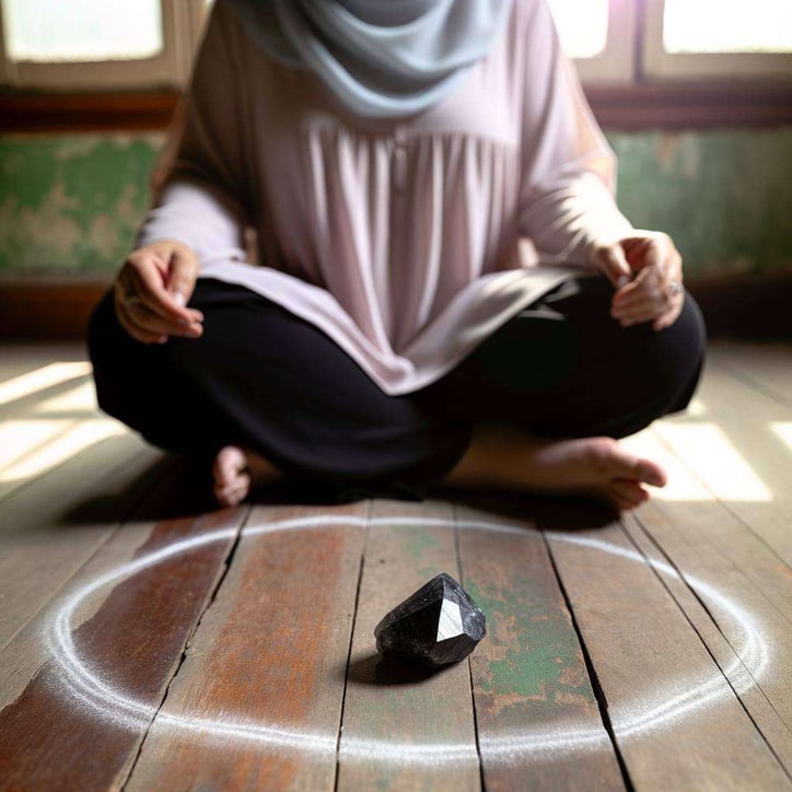 A person sitting inside a protective circle drawn with chalk, holding a black tourmaline crystal for spiritual protection