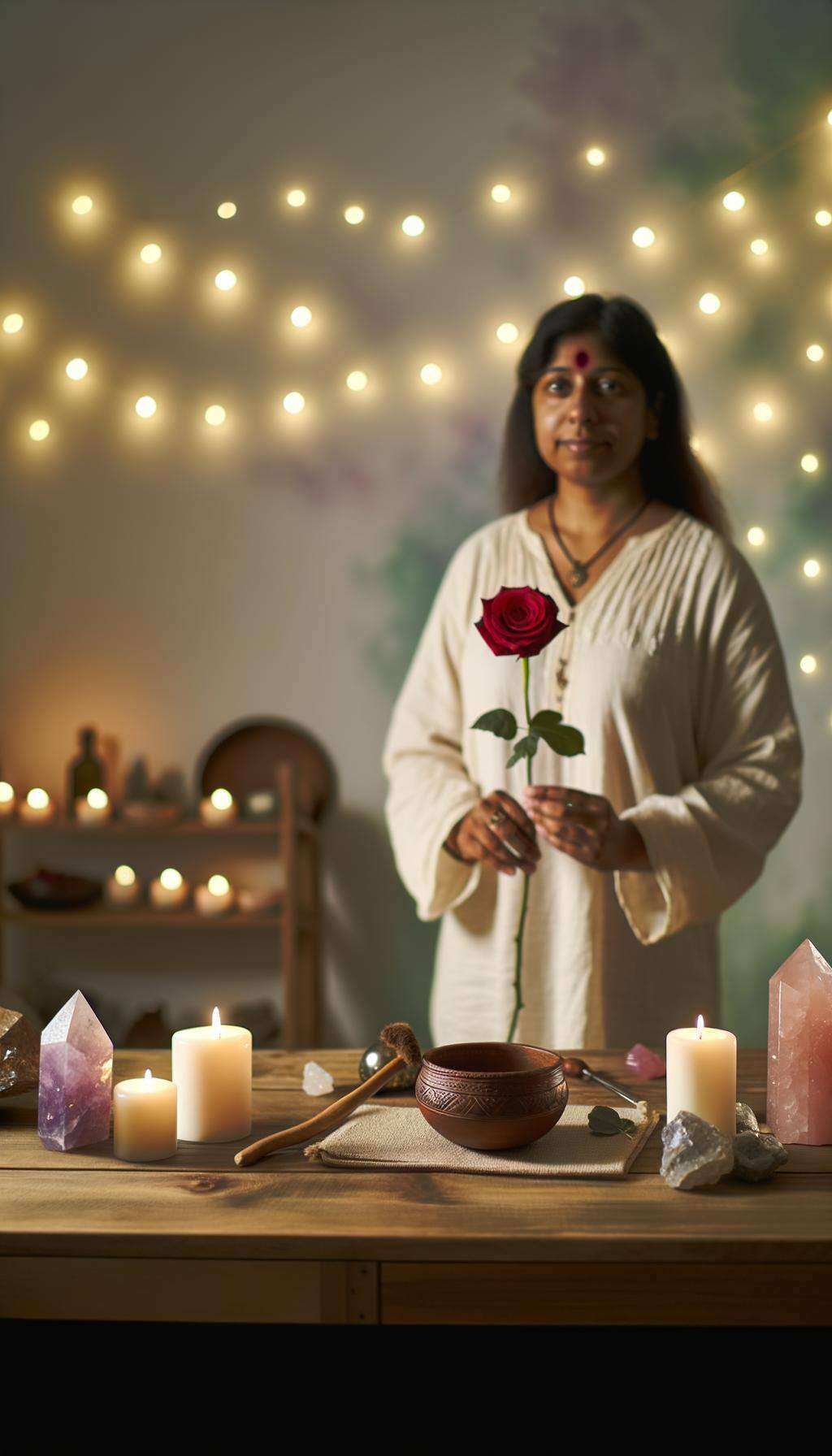 A photorealistic image of a calming, candlelit room with a person holding a red rose and performing a gentle, meditative ritual-2