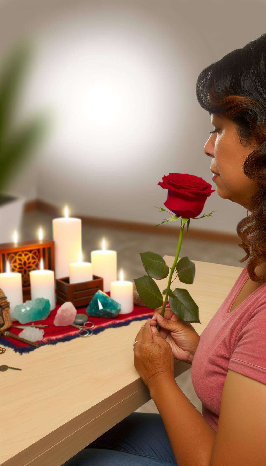 A photorealistic image of a calming, candlelit room with a person holding a red rose and performing a gentle, meditative ritual