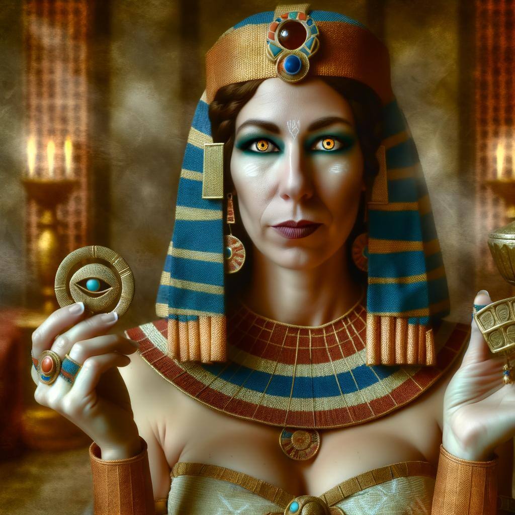 A portrait of Cleopatra, the Egyptian queen known for her love magic and political alliances with Julius Caesar and Mark Antony