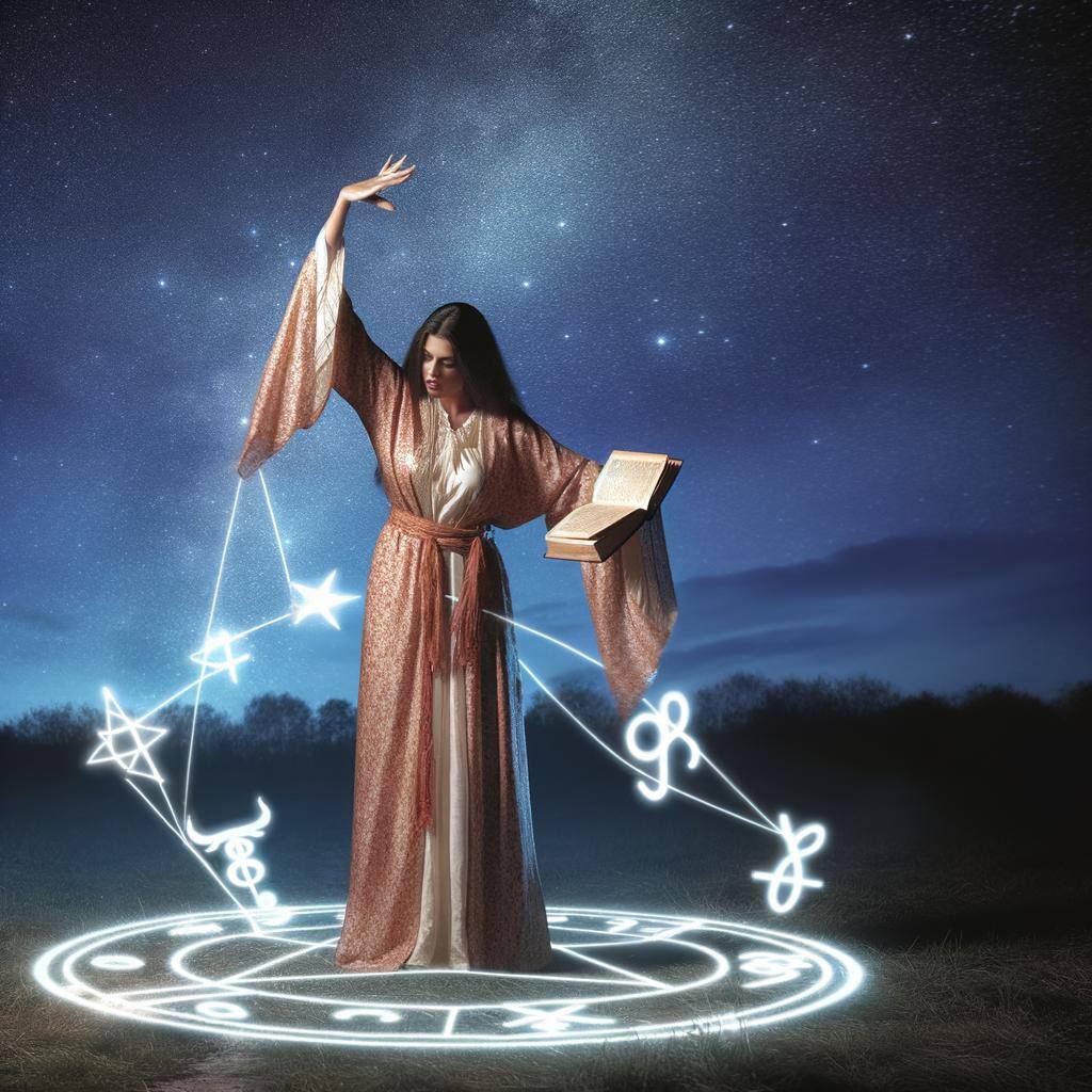 A practitioner casting a love spell under the stars, with astrological symbols glowing in the background