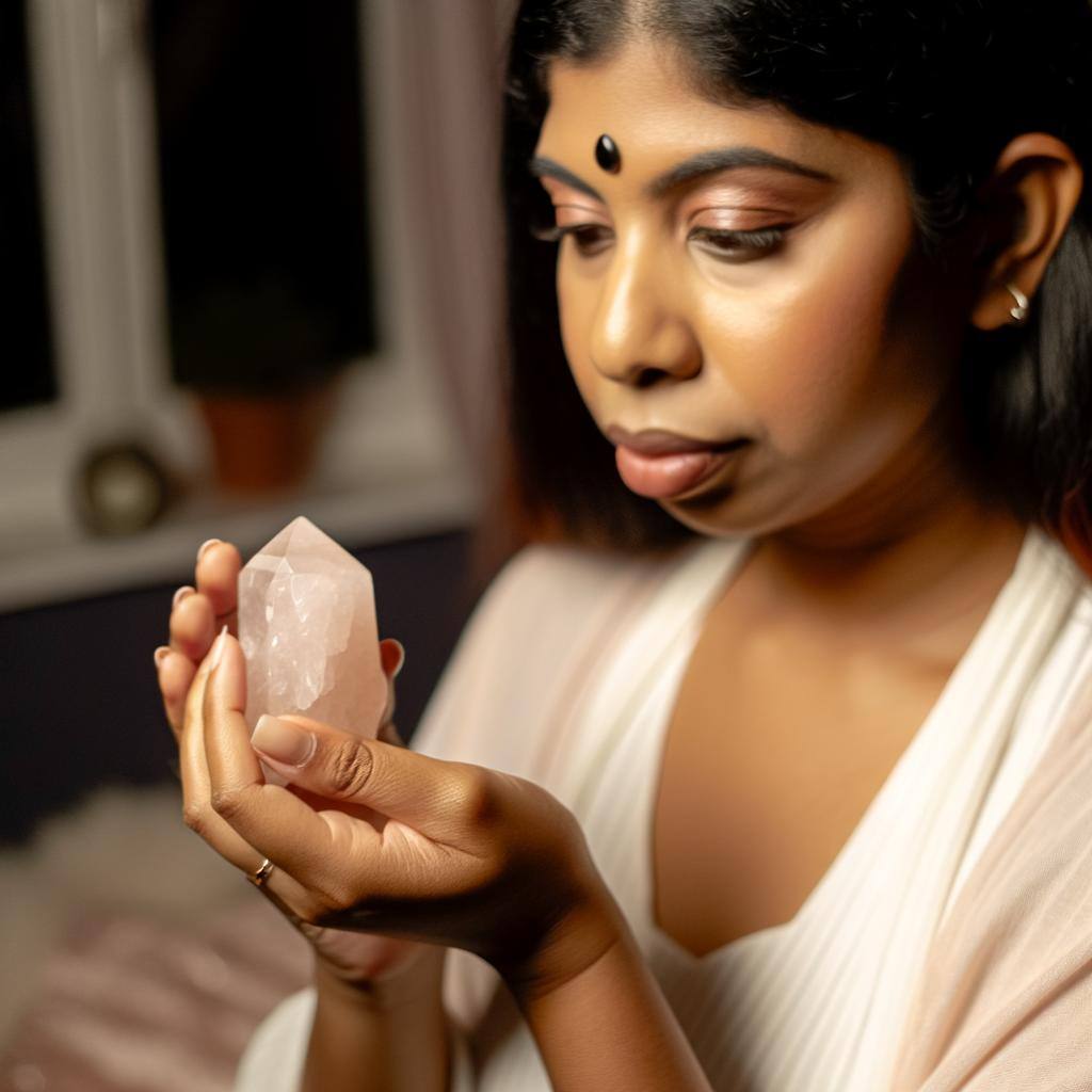 A practitioner holding a rose quartz crystal during a love spell, with soft glowing energy surrounding the stone