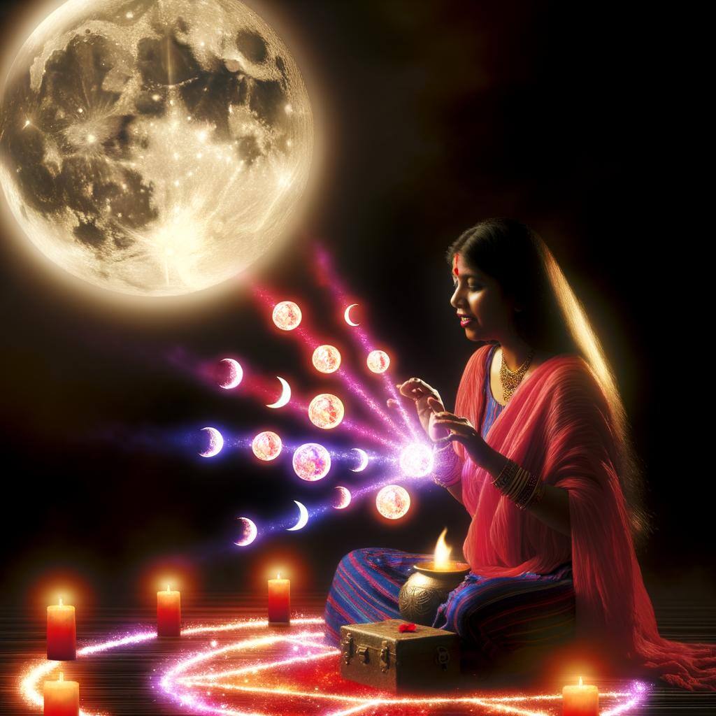 A practitioner performing a love spell under the full moon, with candles and symbols glowing-1