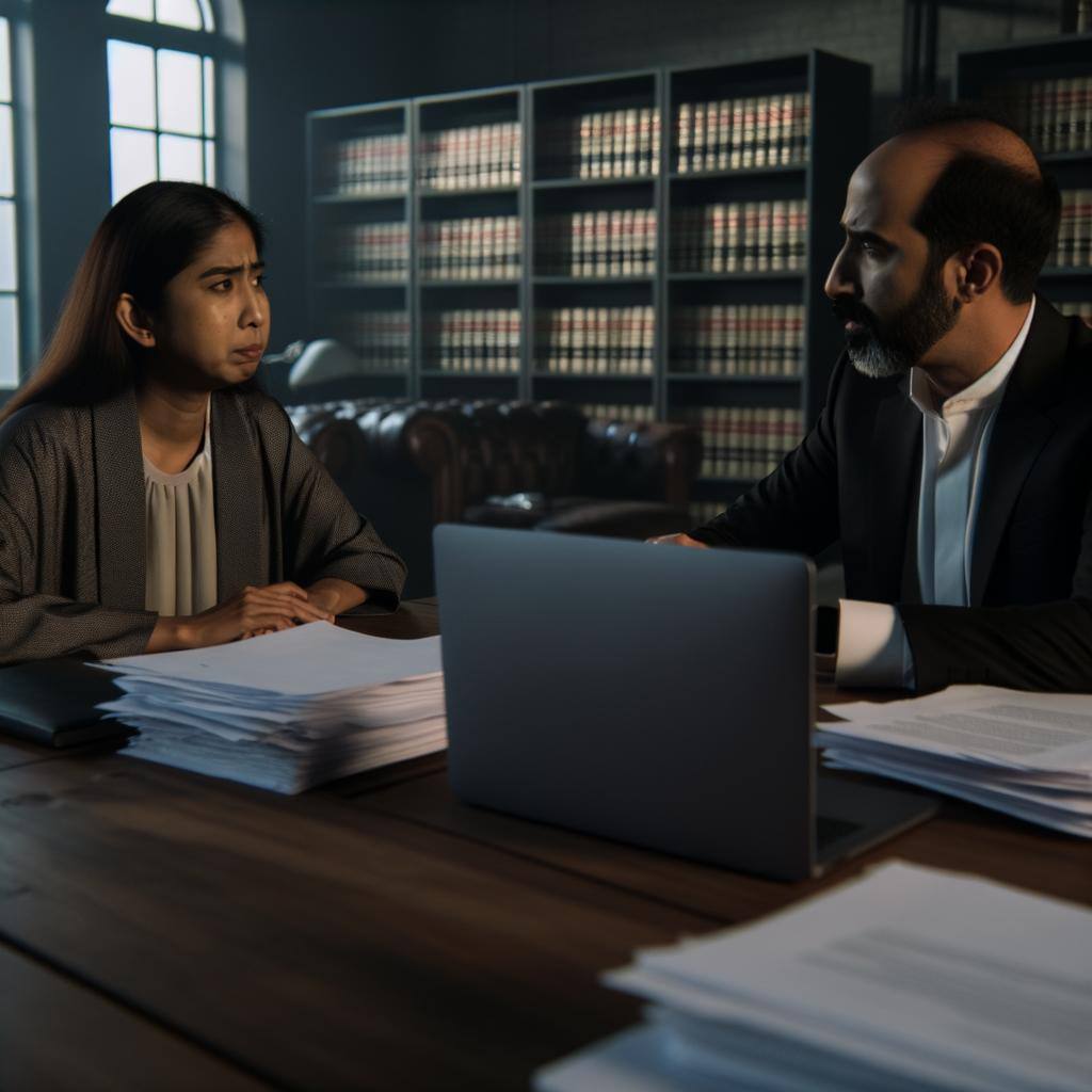 A practitioner sitting across from a lawyer in an office, discussing the legal implications of offering love spell services, with paperwork and a laptop on the table