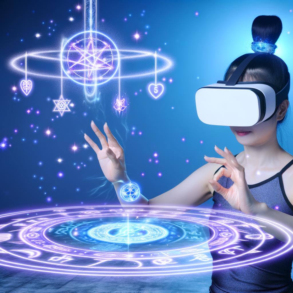A practitioner using a virtual reality headset to perform a love spell in an immersive digital environment