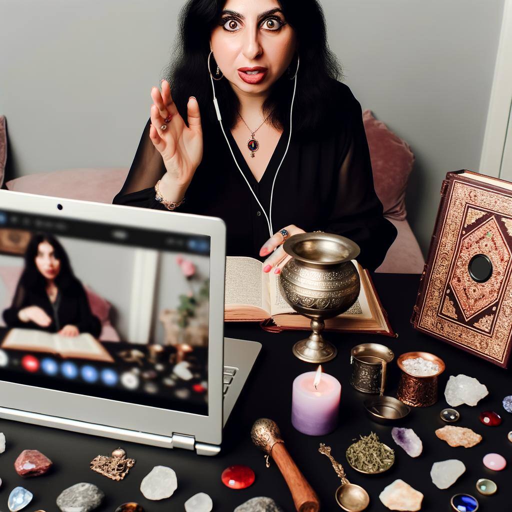 A professional spell caster performing a love spell remotely, with a laptop displaying a video call and ritual tools laid out