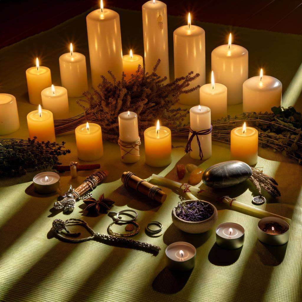 A sacred space with candles, herbs, and personal items arranged for a deportation protection ritual-1