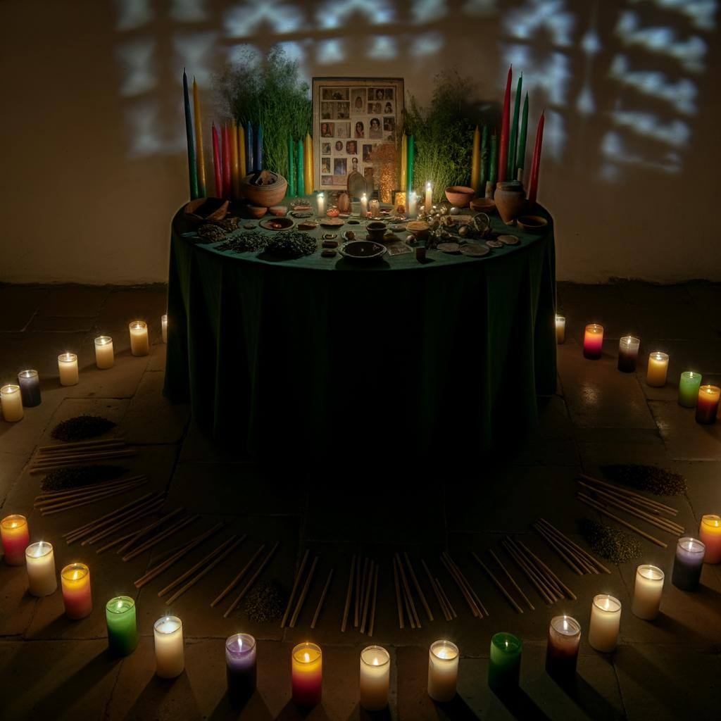 A sacred space with candles, herbs, and personal items arranged for a deportation protection ritual