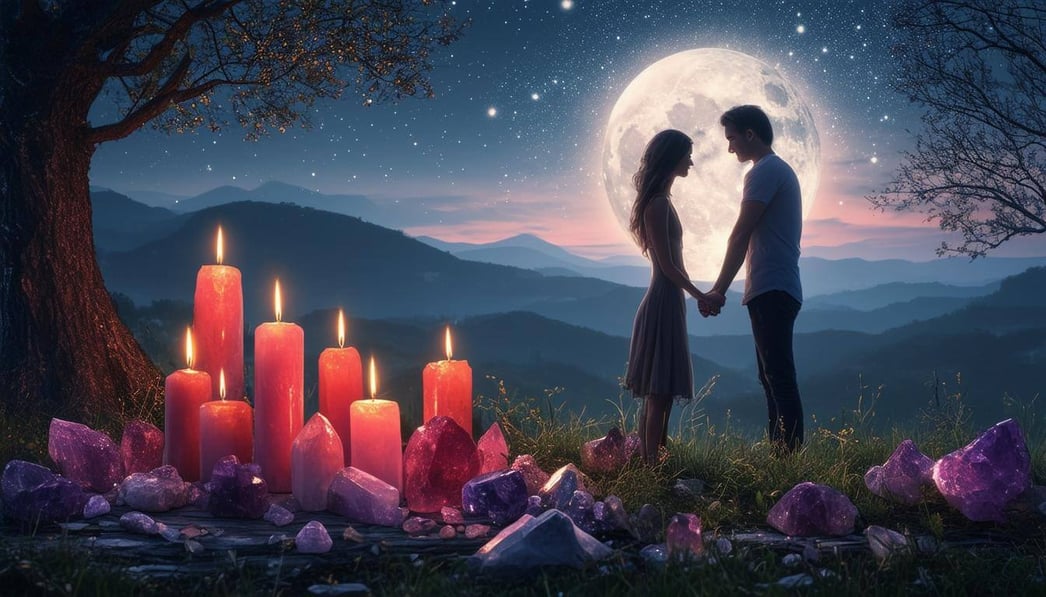 A serene night scene captures a couple holding hands beneath a luminous full moon, casting a gentle glow that bathes them in silvery light.