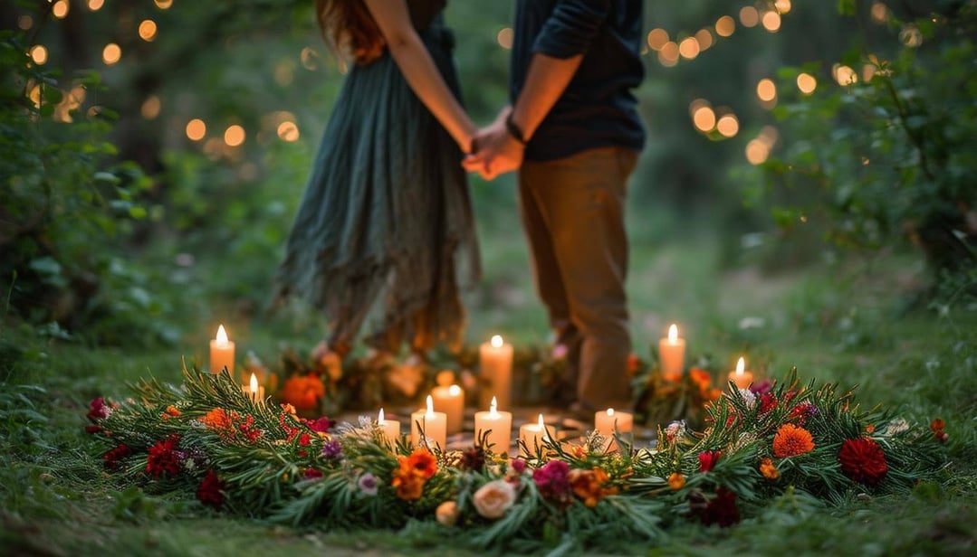 A serene scene unfolds in a lush green glade, where a couple stands hand in hand, their hands bound together with intricately woven red and green ribb