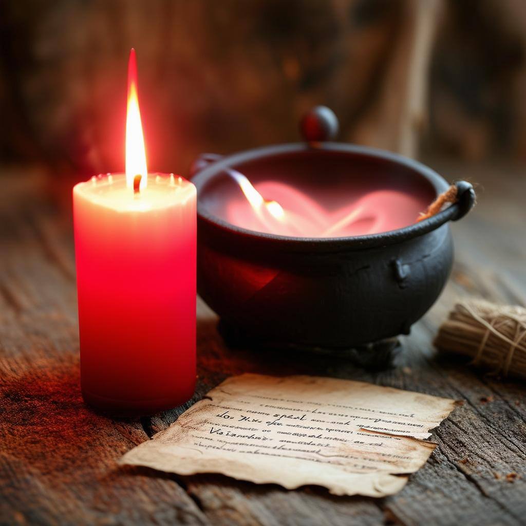 A small cauldron burning a love spell intention paper with a glowing red candle nearby