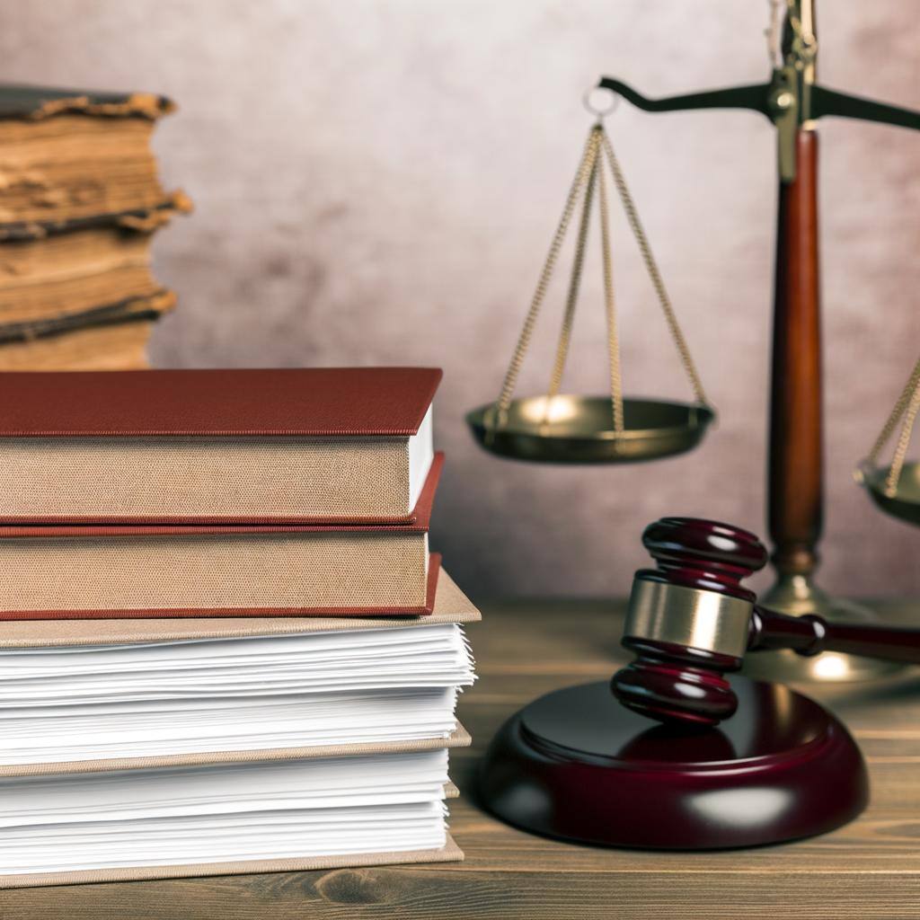 A stack of legal documents and books on a wooden desk, with a gavel and scales of justice in the background, symbolizing the legal considerations involved in practicing love spells