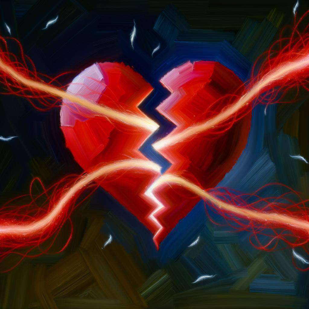 A symbolic image of a broken heart being pieced together with glowing red threads, with faint wisps of magic swirling around it-1