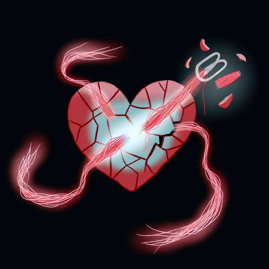 A symbolic image of a broken heart being pieced together with glowing red threads, with faint wisps of magic swirling around it-2