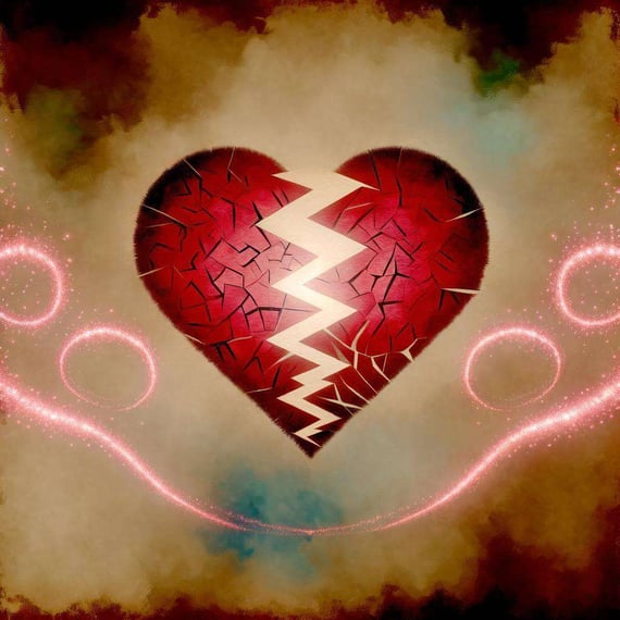 A symbolic image of a broken heart being pieced together with glowing red threads, with faint wisps of magic swirling around it