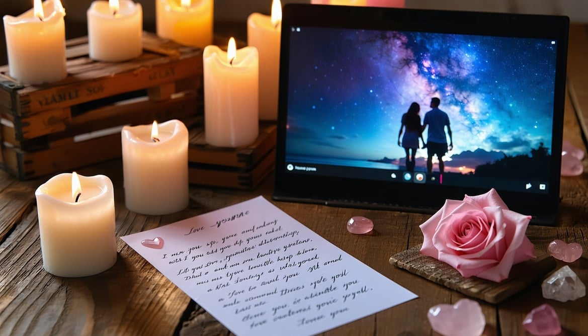 A warm, softly lit room features a couple on a video call, their faces glowing with happiness as they hold hands across the screen, a visual representation of their strong bond despite the miles.